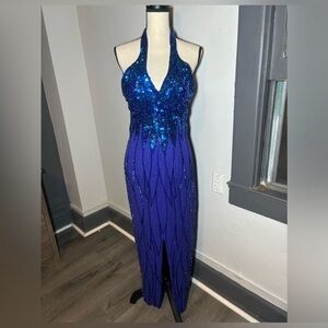 Alyce designs beaded/sequins halter top long blue dress size 10